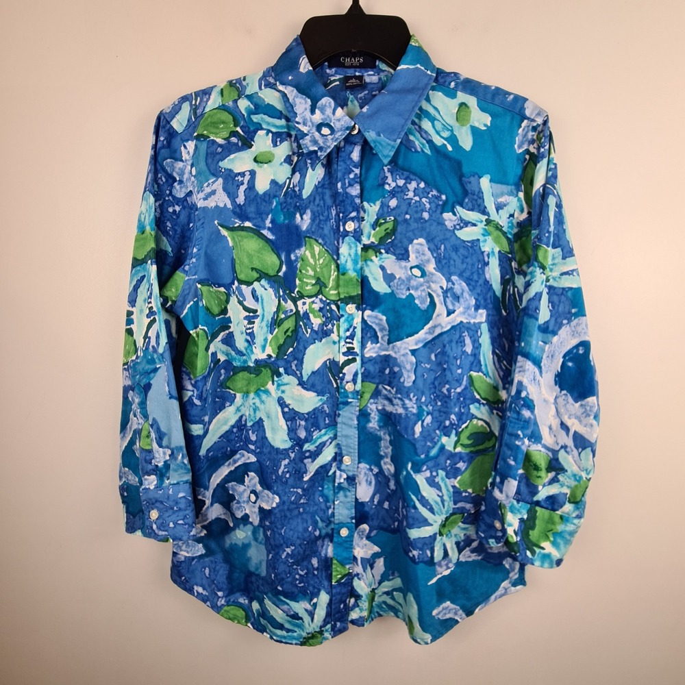 Chaps Womens Blue Floral Watercolor Cotton Button Down Shirt Large 3/4 Sleeve